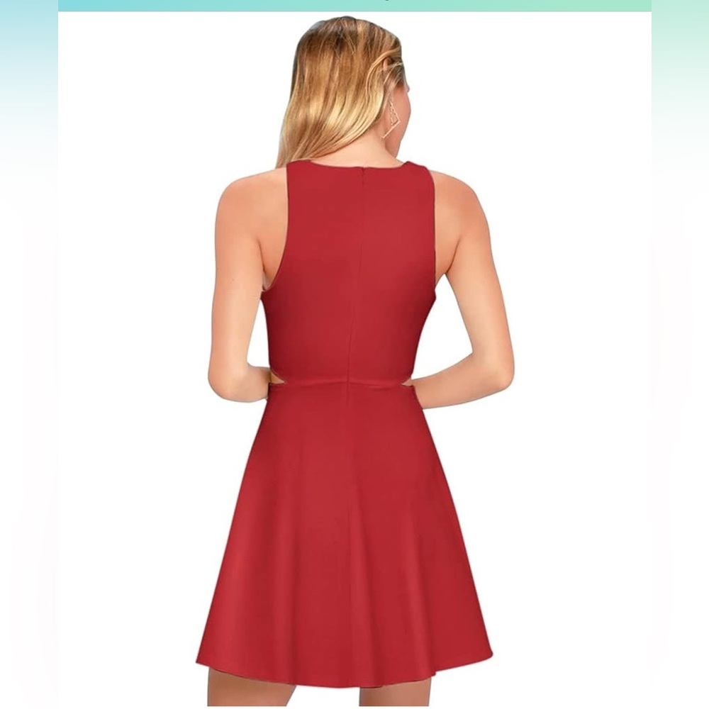 Burgundy Sleeveless Cut Out Waist Skater Mini Dress Round Neck A-Line XS NWT - Picture 3 of 5